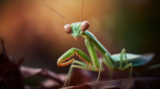  a close up of a praying mantissa on a branch with a blurry background of leaves and branches in the foreground, with a blurry image of a praying mantissa.  generative ai