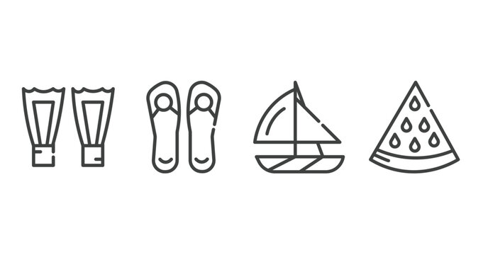 summer outline icons set. thin line icons sheet included fins, pair of flip flops, yatch boat, slice of melon vector.