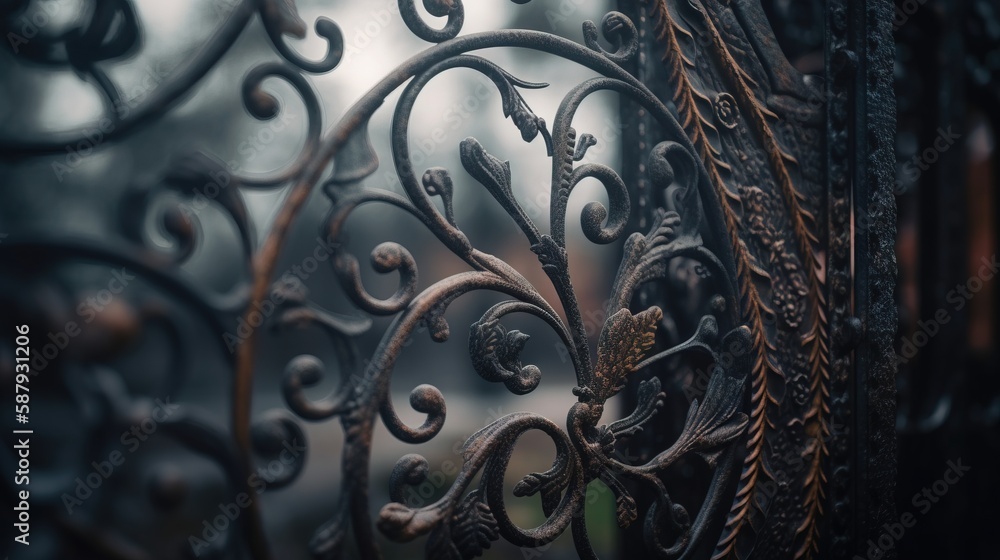 Poster a close up of a metal gate with a tree in the background on a cloudy day with a blurry sky in the ba