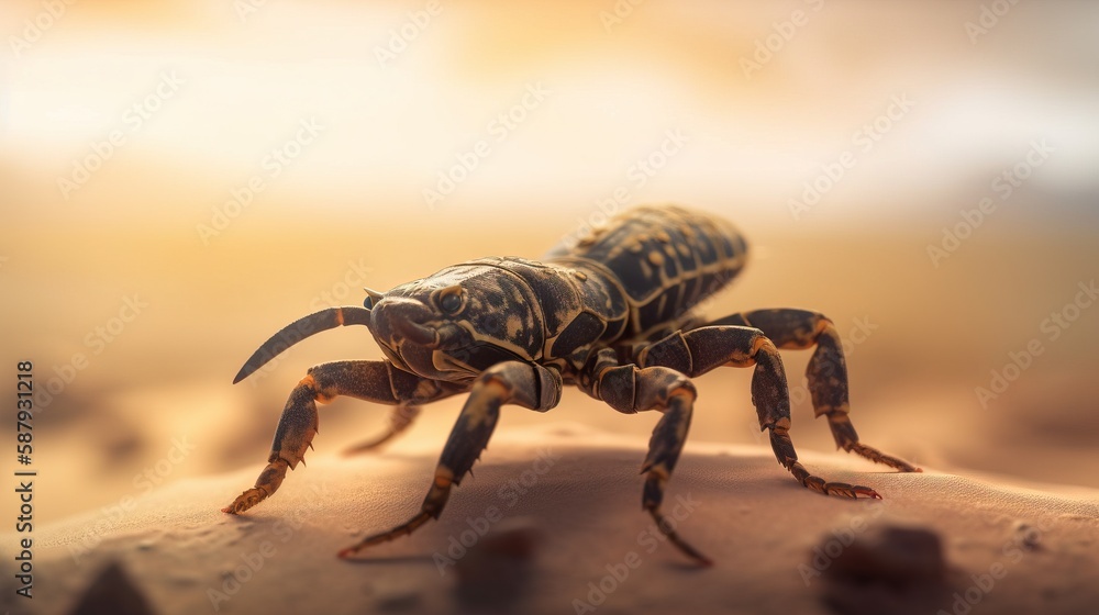 Poster a close up of a bug on a sand surface with a blurry sky in the background and a light colored sky in