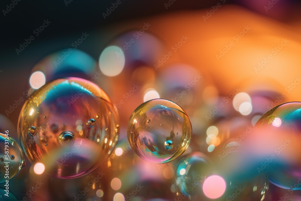 Poster a bunch of soap bubbles floating on top of each other on a table top with a blurry background of the