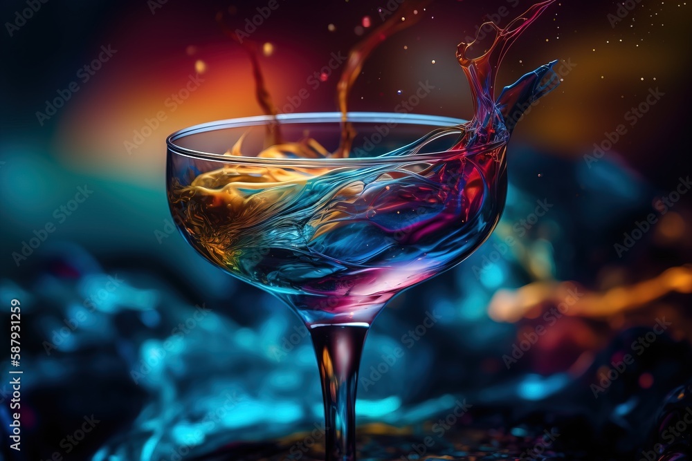 Aufkleber a colorful liquid splashing into a glass of wine on a table top with a black background and a colorf