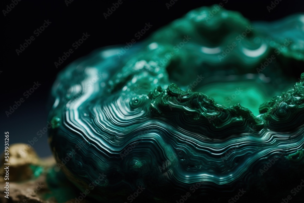 Poster a close up of a donut with green icing on it's surface and a gold nugget in the middle of it. genera