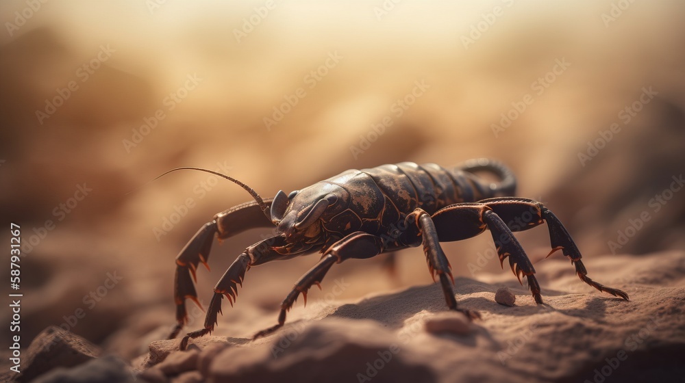Poster a close up of a scorpion crawling on a rocky surface with a blurry light in the back ground behind i