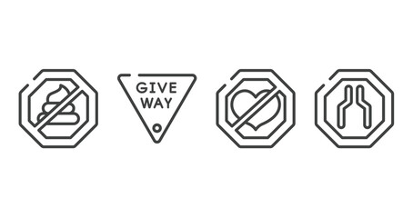 traffic signs outline icons set. thin line icons sheet included no pooping, give way, lovemaking, narrow vector.