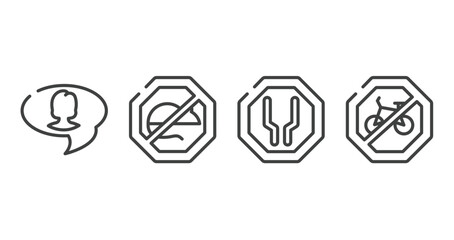 signal and prohibitions outline icons set. thin line icons sheet included videochat, no rodents, wide, no bicycle vector.