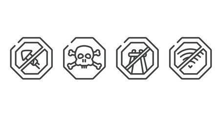 signal and prohibitions outline icons set. thin line icons sheet included no fireworks, poisonous, end motorway, no wifi vector.