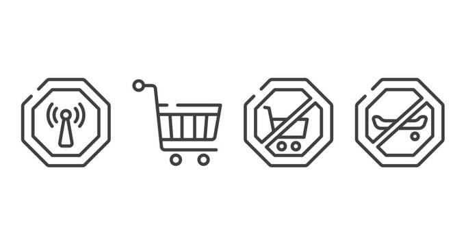 signal and prohibitions outline icons set. thin line icons sheet included non ionizing radiation, hand truck, no shopping cart, no skating vector.