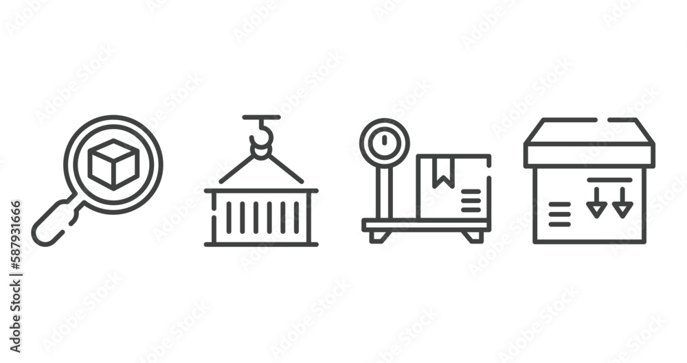 Poster shipping and handly outline icons set. thin line icons sheet included delivery search, use hook, box