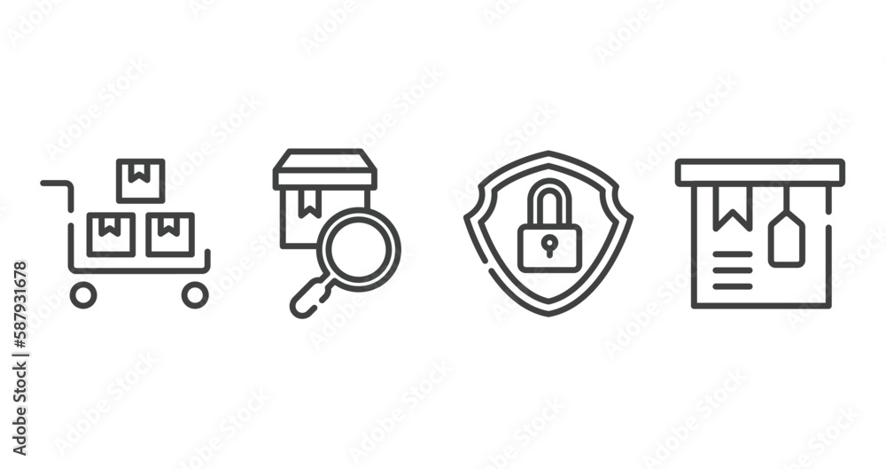 Poster lineal logistic outline icons set. thin line icons sheet included package on trolley, checking, secu