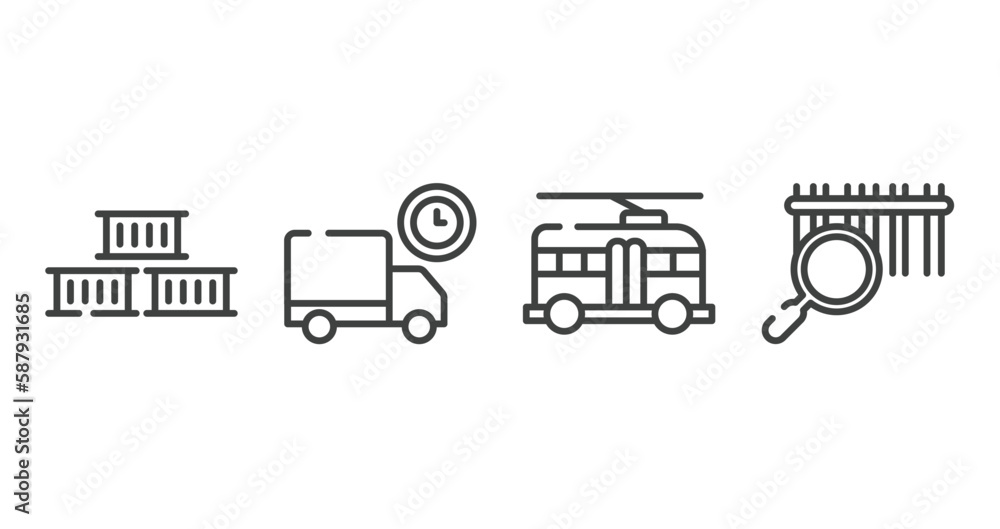 Poster lineal logistic outline icons set. thin line icons sheet included containers, truck delay, trolleybu