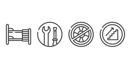 Obraz premium indications outline icons set. thin line icons sheet included dormitory, wrench and screwdriver, no lifeguard, upstairs vector.