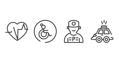 taxi service outline icons set. thin line icons sheet included electrocardiogram inside heart, wheelchair side view, parking worker, hackney carriage vector.