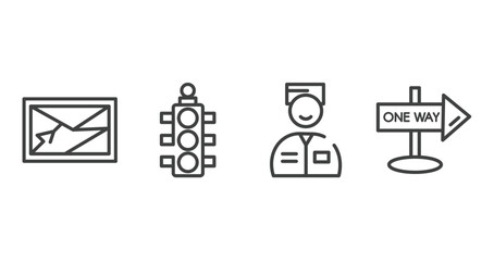 signals set outline icons set. thin line icons sheet included navigator, semaphore light, valet, one way street vector.