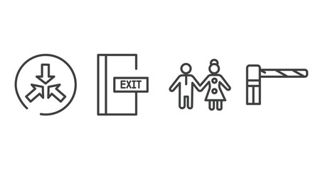 parking outline icons set. thin line icons sheet included converging, emergency door, girl and boy, parking barrier vector.