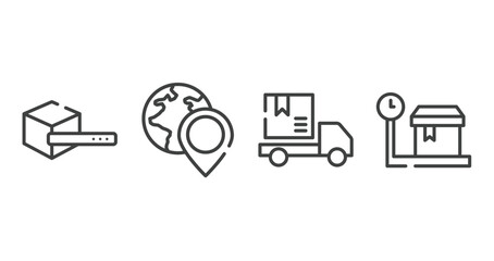 delivery outline icons set. thin line icons sheet included search box, worldwide pin, package on rolling transport, weighting vector.