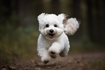 A playful and friendly Bichon Frise jumping for a toy, showing off its playful and friendly nature. Generative AI