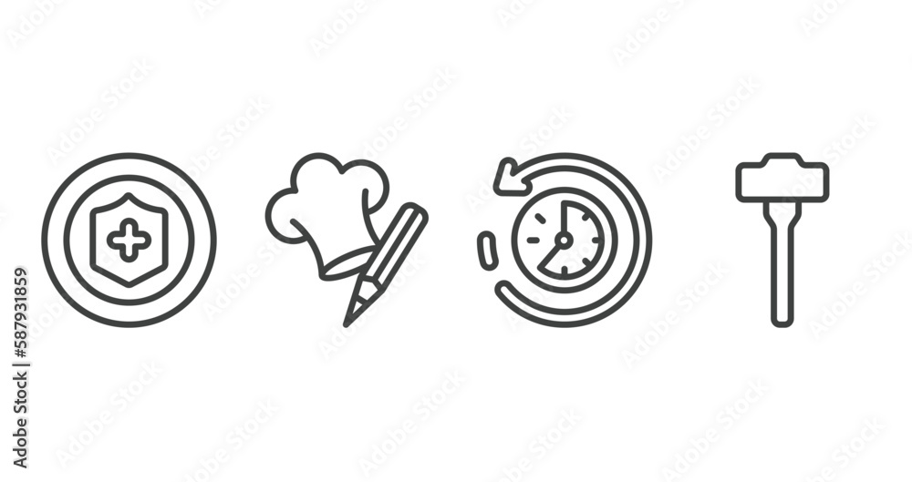 Poster general outline icons set. thin line icons sheet included insurance with a button, chef hat with a p