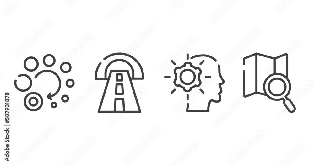 Poster general outline icons set. thin line icons sheet included loading, road tunnel, realization, map sea