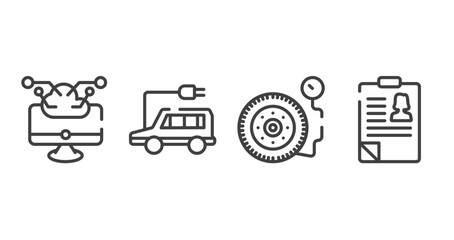general outline icons set. thin line icons sheet included computing technology, electro car, inflate tire, hr policies vector.