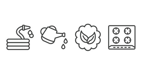 general outline icons set. thin line icons sheet included hose with drops, watering can with water drops, go green badge, hob vector.