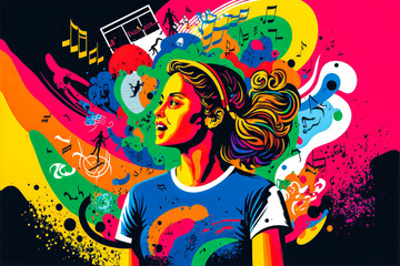 Stylized illustration of a student participating in extracurricular activities. Stylized realism style with bright and bold color palette. Generative AI