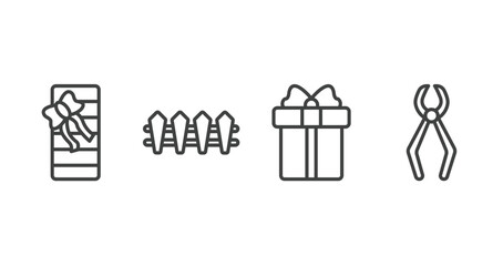 general outline icons set. thin line icons sheet included birthday present, wooden fence, gift box with ribbon, nail puller vector.