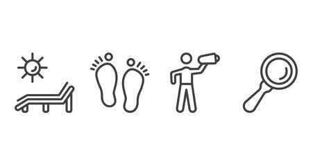 general outline icons set. thin line icons sheet included deck chair under the sun, steps, leader with loudspeaker, magnifiying glass vector.