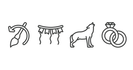 general outline icons set. thin line icons sheet included brush history, party decoration, wolf howling, interlocking rings vector.