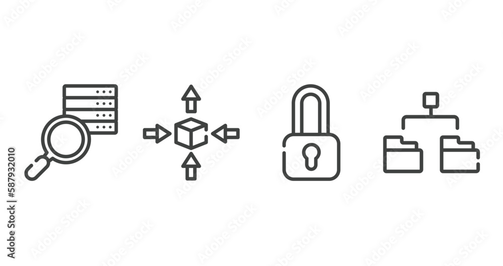Poster business and charts outline icons set. thin line icons sheet included data searching, differentiatio