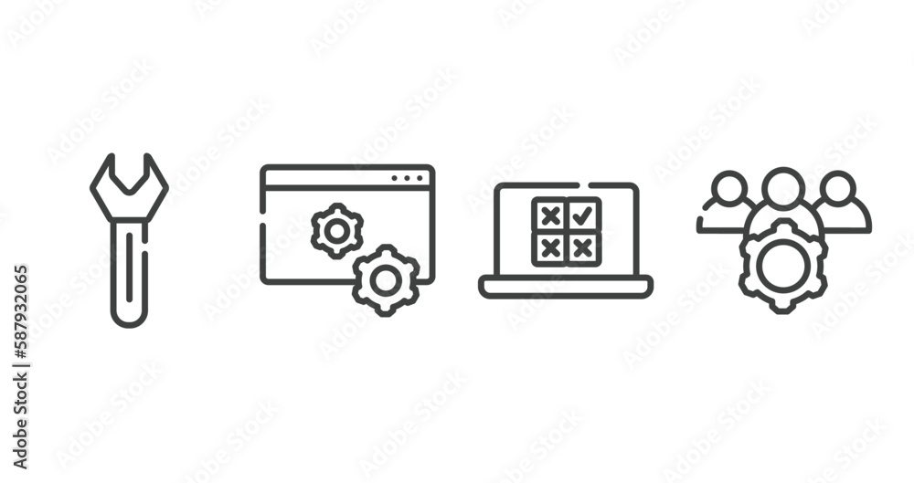 Poster project management outline icons set. thin line icons sheet included key tool, web management, onlin