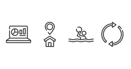 business pack outline icons set. thin line icons sheet included statistics on screen, home address, waterpolo, arrow circle vector.