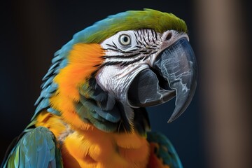 Obraz premium A colorful and vibrant parrot perched on a shoulder - This parrot is perched on a shoulder, showing off its bright and colorful feathers. Generative AI