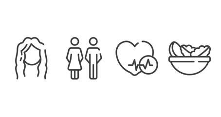 medicine and health outline icons set. thin line icons sheet included long wavy hair, family of heterosexual couple, heart black shape, vegetarian diet vector.