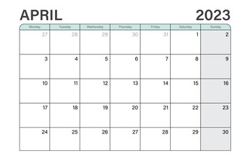 2023 April illustration vector desk calendar or planner weeks start on Monday in light green and gray theme