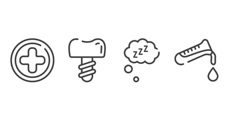 medicine and health outline icons set. thin line icons sheet included hospital medical, dentist tooth with metallic root, zzz sleep, test tube, flask and drop of blood vector.