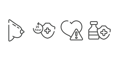 medicine and health outline icons set. thin line icons sheet included bosom, 24 hours medical assistance, disease, immunity drugs vector.