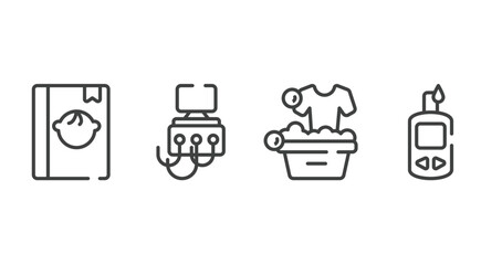 medical and health outline icons set. thin line icons sheet included baby book, dialysis, washing clothes, glucometer vector.