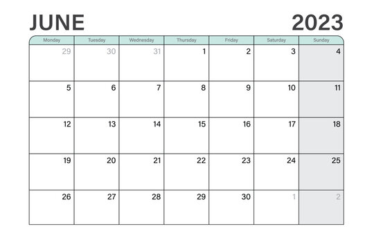 2023 June illustration vector desk calendar or planner weeks start on Monday in light green and gray theme