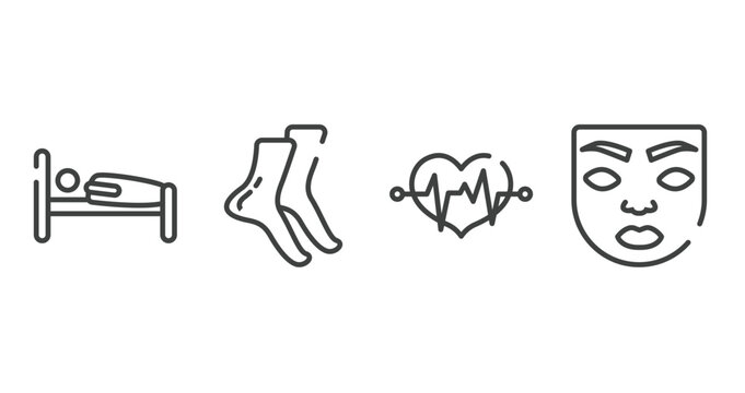 body parts outline icons set. thin line icons sheet included human sleeping on bed, tiptoe feet, lifeline in a heart, face of a woman vector.