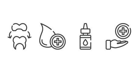 hospital outline icons set. thin line icons sheet included dental crown, donor, essential oils, medical service vector.