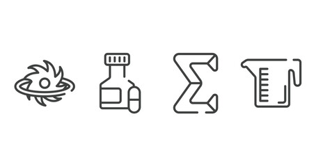 laboratory outline icons set. thin line icons sheet included black hole, pill jar, sigma, measure cup vector.