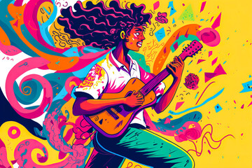 An illustration of a student engaging in extracurricular activities like music, using vibrant colors and an action-oriented, stylized realism to emphasize movement and atmosphere. Generative AI