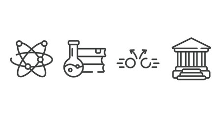 physics outline icons set. thin line icons sheet included galaxy, science book, collision, academy vector.