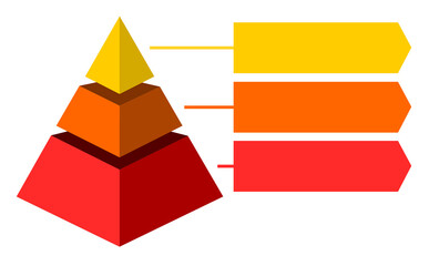 Infographic illustration of yellow and red triangles divided and cut into thirds and space for text, Pyramid shape made of three layers for presenting business ideas or disparity and statistical data - obrazy, fototapety, plakaty