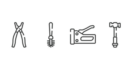 tools and hinery outline icons set. thin line icons sheet included open pliers, toilet brush, big stapler, hammer facinf left vector.
