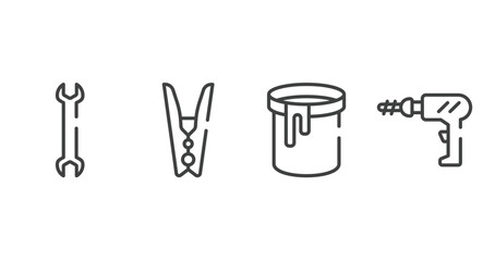 carpentry diy tools outline icons set. thin line icons sheet included big double wrench, clothespin, paint can open, perforator vector.