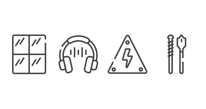 construction tools outline icons set. thin line icons sheet included glass wall, high noise, high voltage, bit vector.