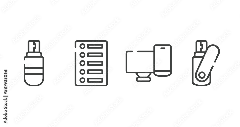 Poster computer and hardware outline icons set. thin line icons sheet included usb drive, list of options, 