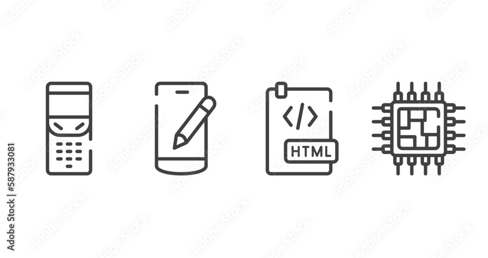 Poster electronic devices fill outline icons set. thin line icons sheet included folding phone, edit smartp